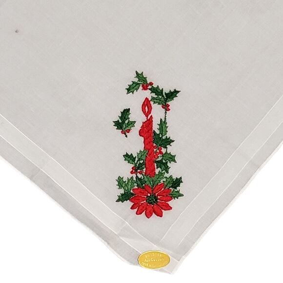 VINTAGE CHRISTMAS CANDLE POINSETTIA HANDKERCHIEF MADE IN SWITZERLAND EMBROIDERED - Picture 1 of 9
